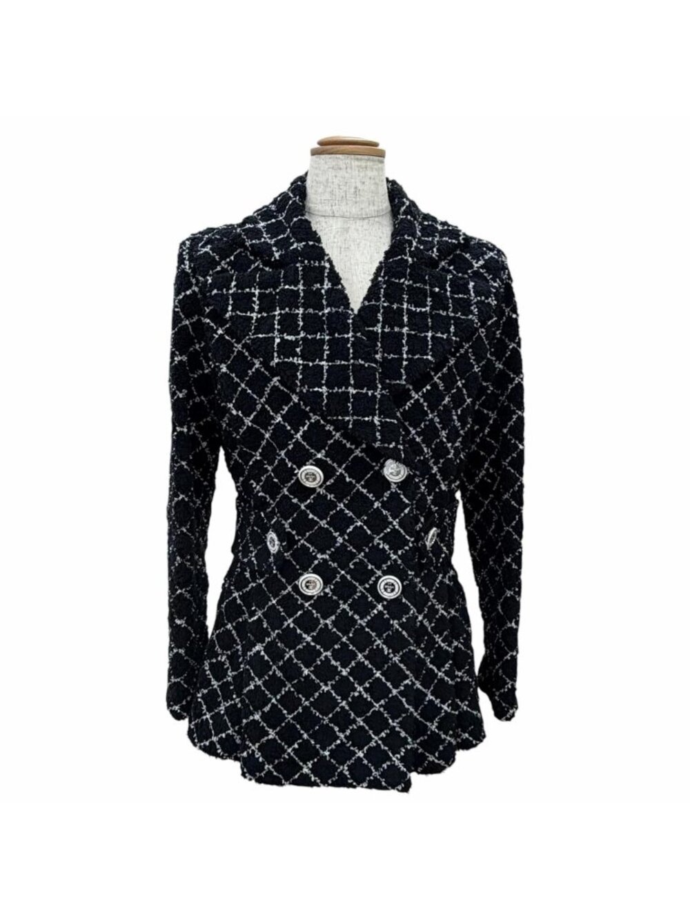 Chanel 19C la Pausa CC Logo Button Plaid Tweed Jacket Black White 34